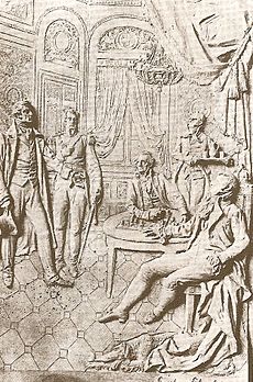 Engraving of a meeting between Castelli and Cisneros