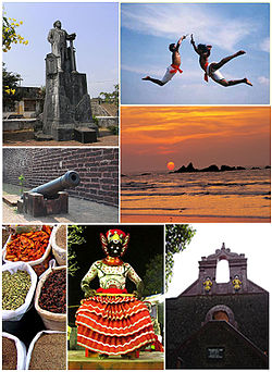 Clockwise from top:Hermann Gundert Statue, Kalaripayattu Training, Muzhappilangad Beach, Thalassery fort, Theyyam, Spice Market, Cannons near Pier