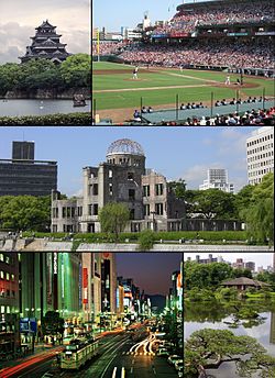 From top left: Hiroshima Castle, Baseball game of Hiroshima Toyo Carp in Hiroshima Municipal Baseball Stadium, Hiroshima Peace Memorial (Genbaku Dome), Night view of Ebisu-cho, Shukkei-en (Asano Park)