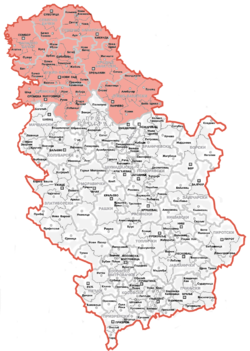 Location and extent of the Autonomous Province of Vojvodina (red) within Serbia..