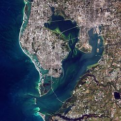 A simulated-color satellite image of the Tampa Bay Area. Taken on NASA's Landsat 7 satellite.