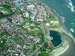 Aerial view of Bengkulu City with Fort Marlborough in the middle.