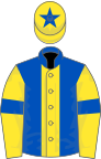 Royal blue, yellow stripe, yellow sleeves, royal blue armlets and star on yellow cap