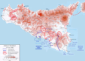 Topographical map of Sicily, showing landing areas and Axis defence locations