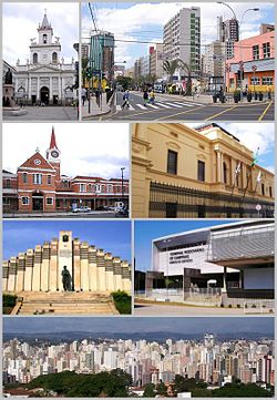 Images from top, left to right: Metropolitan Cathedral, an avenue in Campinas's downtown, an old railway station, Mogiana Palace, a monument to the heroes of Constitutionalist Revolution (in Saudade Cemetery), a bus terminus, Central area of Campinas as seen from Torre do Castelo, a belvedere.