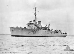 HMAS Benalla shortly after she was commissioned. A gun shield was later fitted to her 4-inch gun.