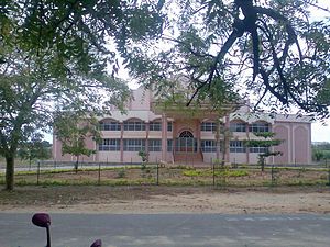 a building viewed amidst trees