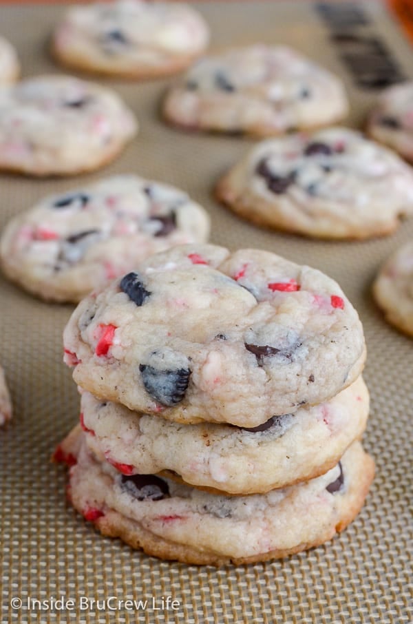 A batch of Oreo peppermint crunch cookies on a baking sheet