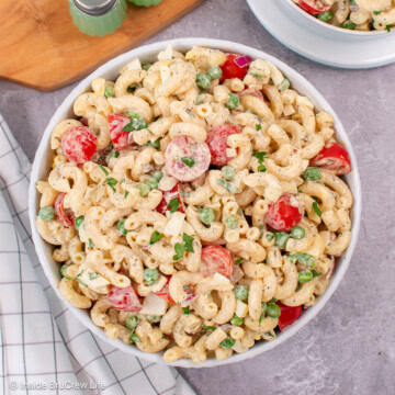 An overhead picture of a bowl of macaroni salad.