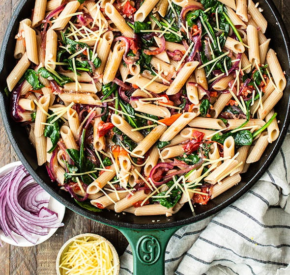 pasta fresca ingredients in a skillet