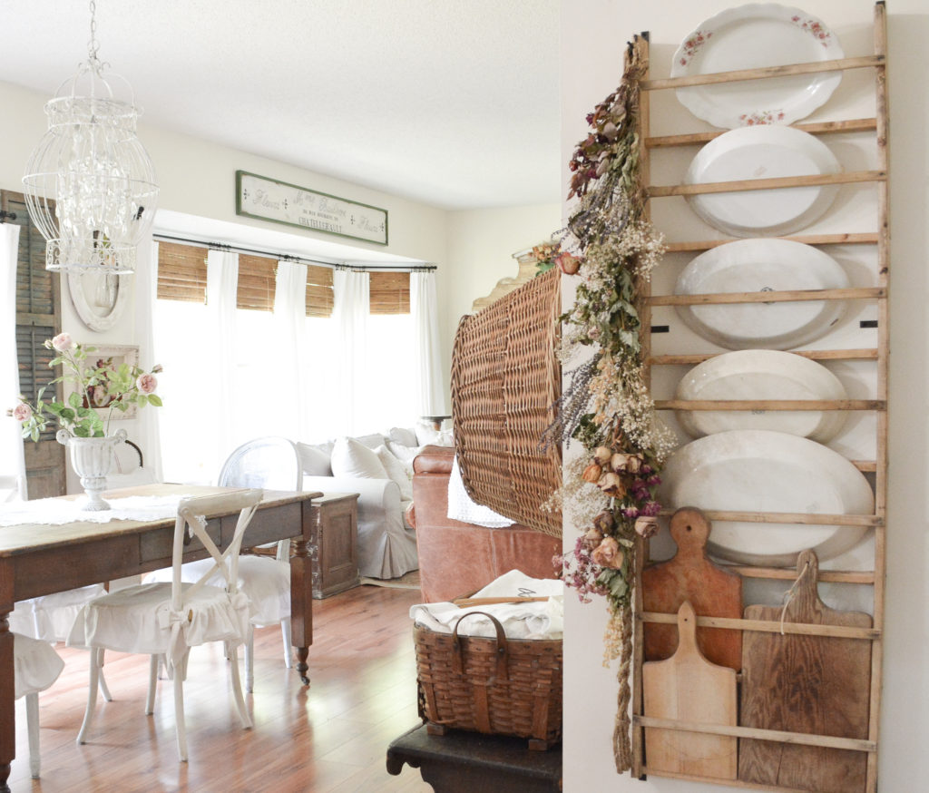 Dried flower swag on DIY plate rack filled with ironstone platters