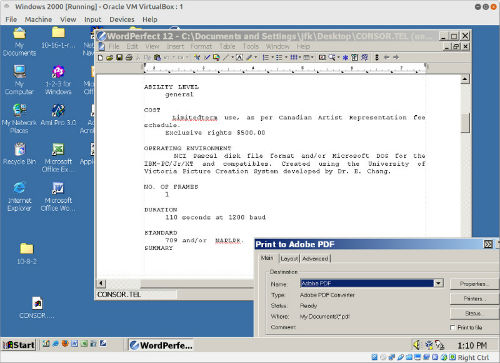 Converting Wordstar to PDF via WordPerfect 12 running on Windows 2000 in Virtualbox