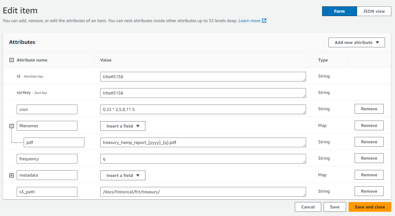 Screenshot of AWS DynamoDB record form in AWS console.