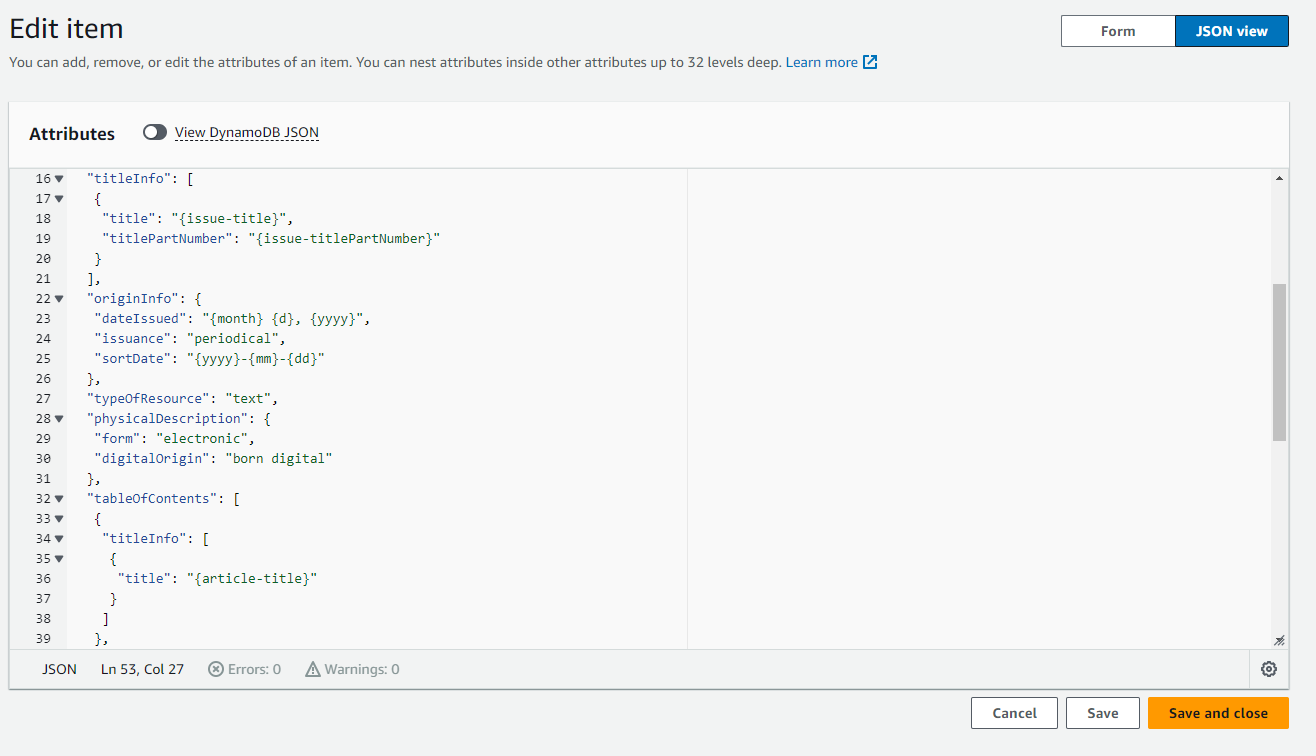 Screenshot of DynamoDB metadata template.