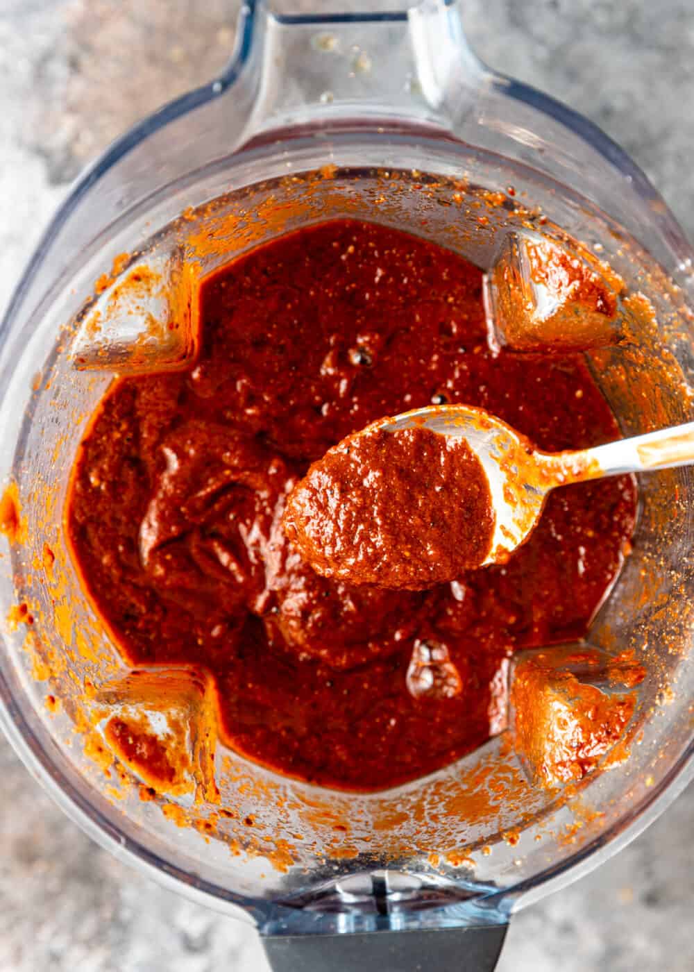 overhead: blended pork rojo sauce for tamales