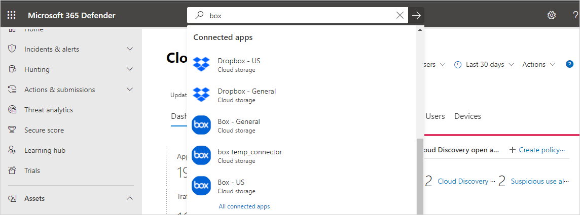 Screenshot that shows searching for connected apps.