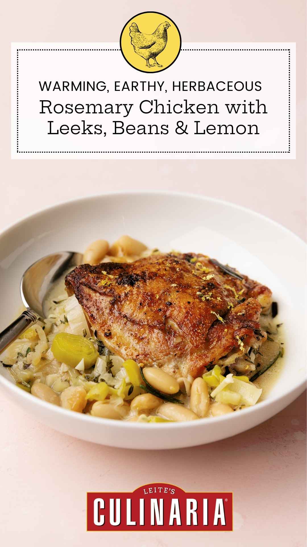 A bowl with one crispy chicken thigh on top of a mixture of leeks and cannellini beans.