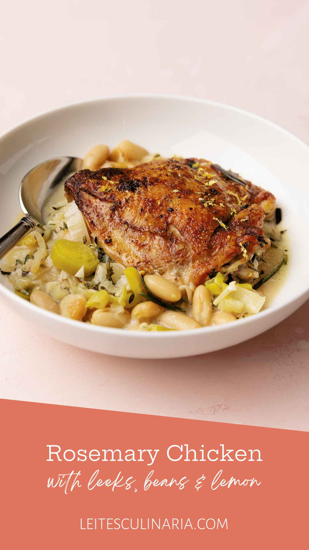 A bowl with one crispy chicken thigh on top of a mixture of leeks and cannellini beans.