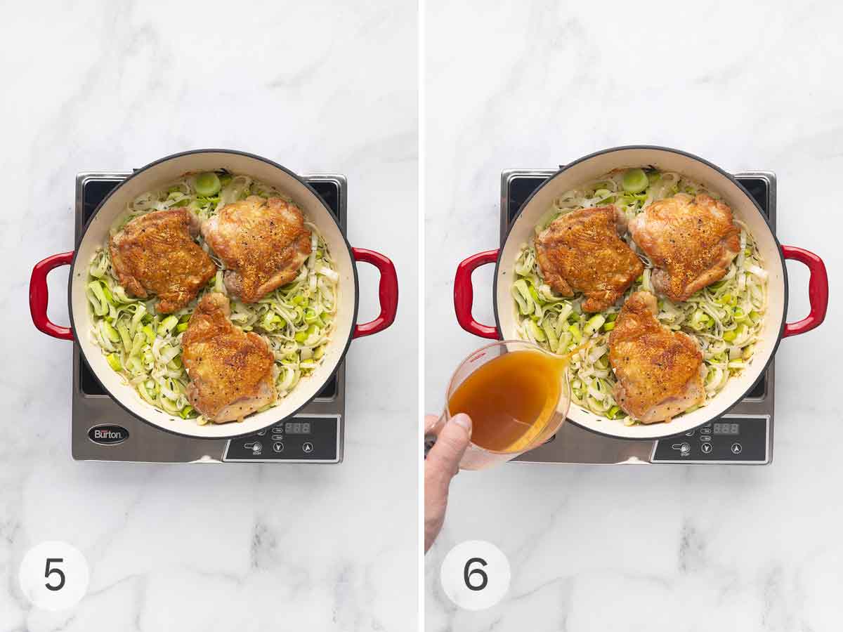 Chicken thighs on top of a bed of leeks in a skillet; a person pouring apple cider into the skillet.