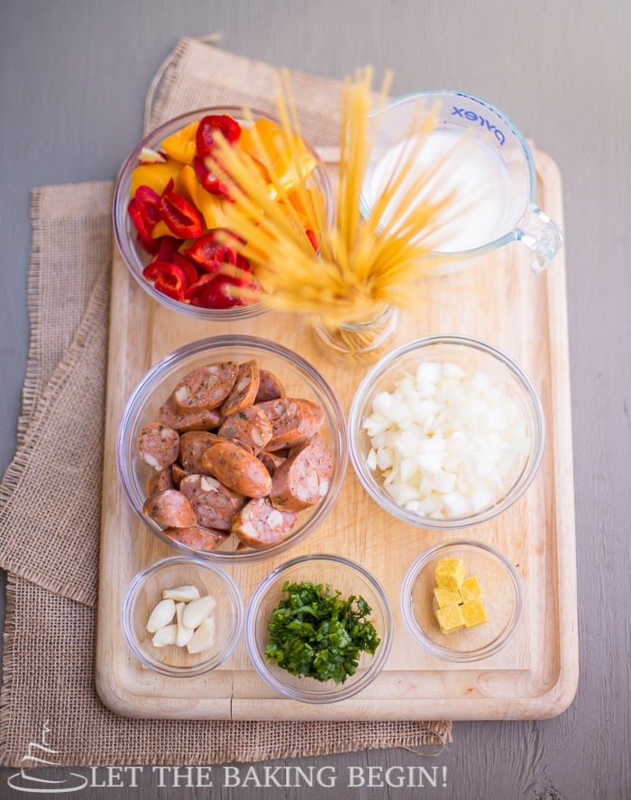 All the ingredients for this simple pasta recipe made with sausage and peppers.