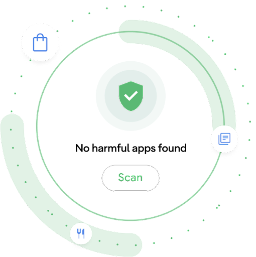 Animation en forme de cercle avec au centre le symbole d'analyse des applications et le texte "Analyser". Le message "Aucune appli dangereuse détectée" est également affiché.