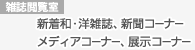 雑誌閲覧室　新着和・洋雑誌、新聞コーナー、メディアコーナー、展示コーナー