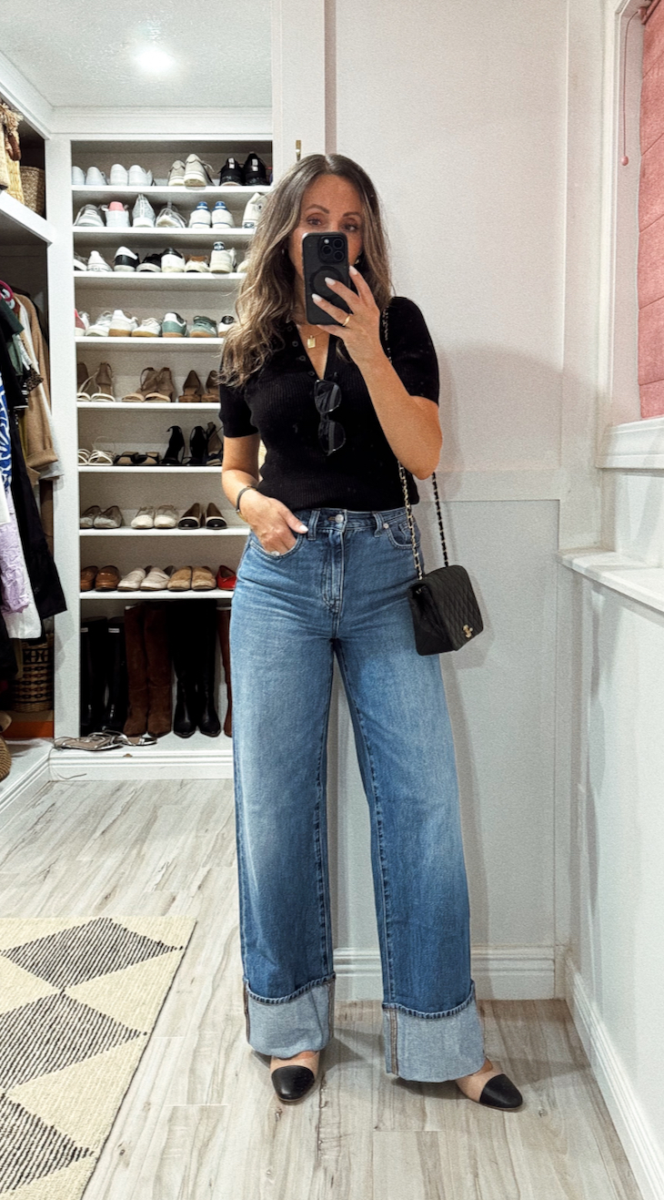 wide leg cuffed jeans, chanel single flap bag outfit