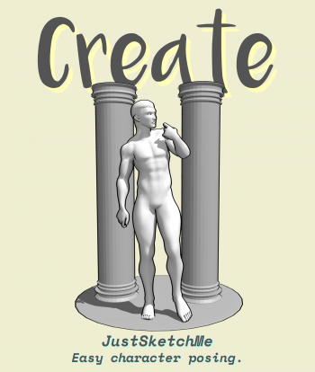 Image of computer generated model posed in front of a seashell. Text reads "Create JustSketchMe Easy character posing."