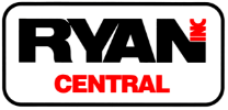 The logo for ryan central is black and red on a white background.