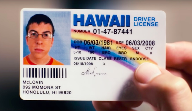 A photo of a (fake) Hawaii driver license