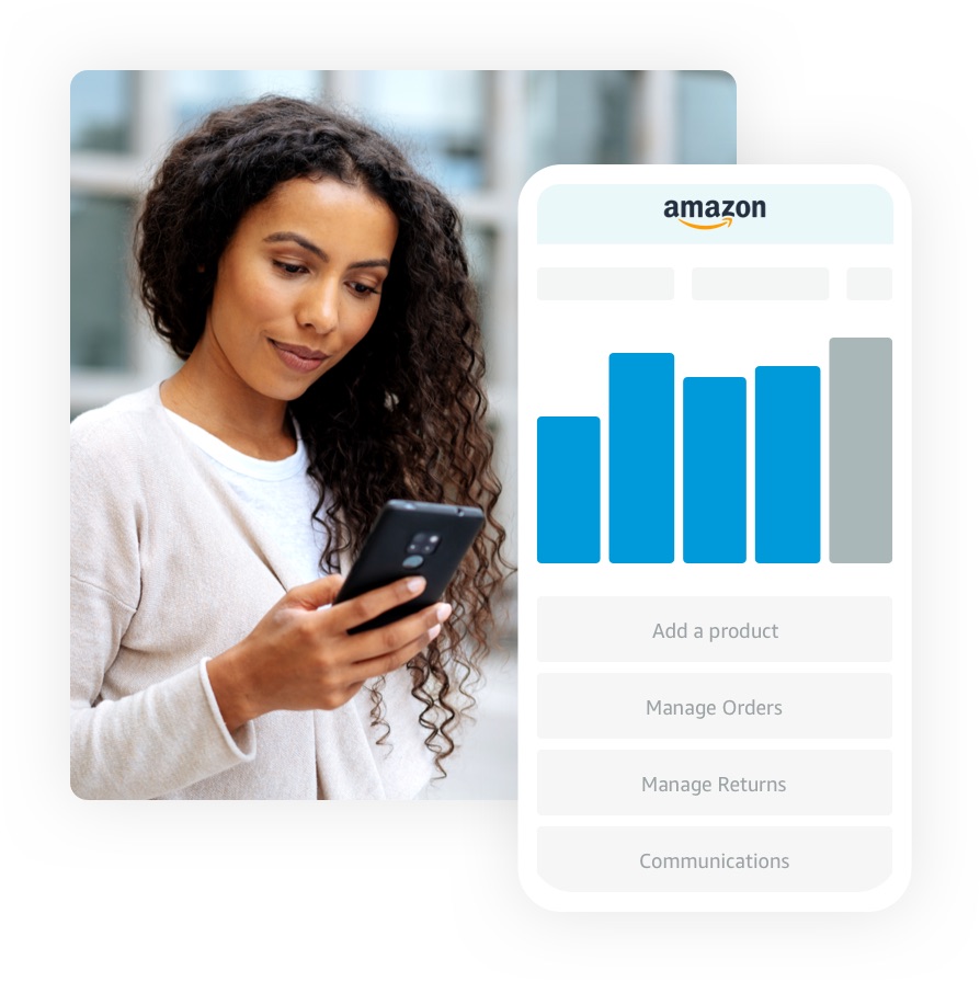 Woman in a black blazer looking at her account in the Amazon Seller mobile app