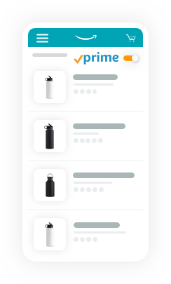 Amazon app showing product listings of water bottles that can be shipped through Amazon Prime