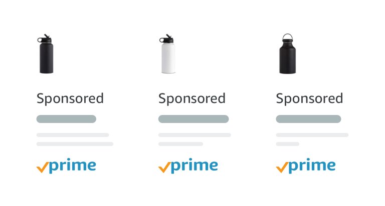 Three sponsored product listings of water bottles available with Amazon Prime shipping