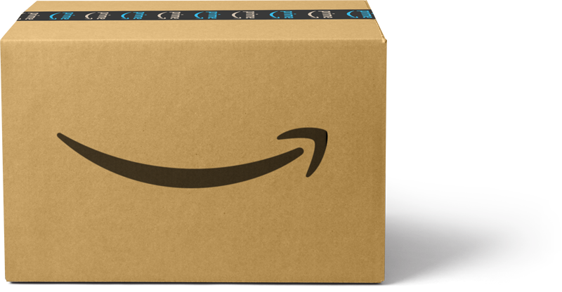 Man and woman smiling holding an Amazon box