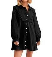 Burtell Women Flowy Long Puff Sleeve Mini Dress Casual Lapel Collar Button Down Babydoll Dress So...