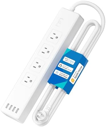 meross Smart Plug Power Strip, WiFi Flat Outlet 15A Compatible with Apple HomeKit, Siri, Alexa, Google Assistant & SmartThings, with 4 AC Outlets & 4 USB Ports, 6 Feet Surge Protector Extender