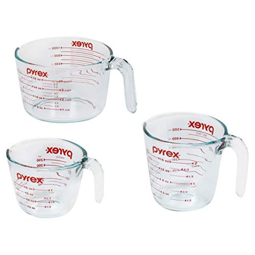 Pyrex 3 Piece Measuring Cup Set, Includes 1, 2, and 4 Tempered Glass Liquid Measuring Cups, Dishwasher, Freezer, Microwave, a