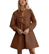 Burtell Women Flowy Bow Tie Front Corduroy Mini Dress Cute Long Puff Sleeve Ruffle Hem Short Dres...