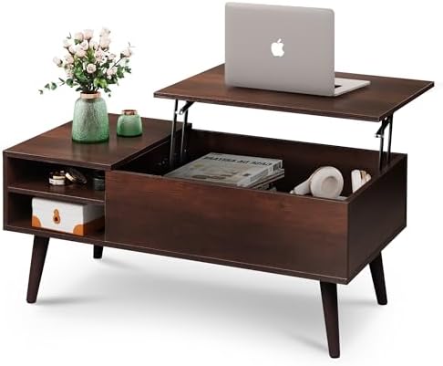 WLIVE Lift Top Coffee Table for Living Room,Small Coffee Table with Storage,Hidden Compartment and Adjustable Shelf,Mid Century Modern, Wood,Cherry,Espresso.