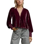 Burtell Sexy Deep V Neck Velvet Tops for Women Flowy Long Sleeve Velour Button Down Shirts Solid ...