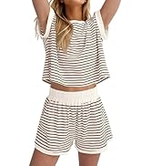 Burtell Women Summer 2 Piece Lounge Sets Striped Short Sleeve Tee Shirts Mini Shorts Loungewear S...