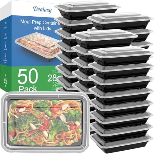 Dealusy 50 Pack (100-Piece) 28 oz Meal Prep Containers Reusable with Lids, Sturdy Leakproof & Food Safe, Microwave, Freezer, Dishwasher Safe Food Prep Containers, To Go Take Out Plastic Food Storage