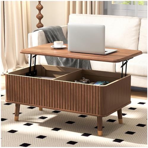 JOINICE, Fluted Lift Top Coffee Table with Storage Shelf & Hidden Compartment, Mid Century Modern Rectangle Dining Table for Living Room, Home Office, Walnut