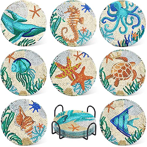 UPINS 8Pcs Ocean Diamond Painting Art Coasters Kits with Holder, Diamond Art Non Slip Coaster Kits DIY with Holder Crafts for Adults Diamond Painting Kits Supplies for Christmas Gift