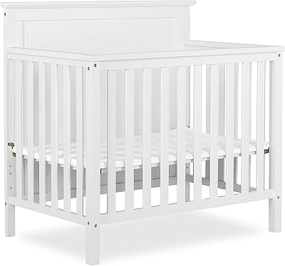 Dream On Me Ava 4-in-1 Convertible Mini Crib in White, Greenguard Gold Certified, Non-Toxic Finish, Comes with 1" Mattress Pad, with 3 Mattress Height Settings