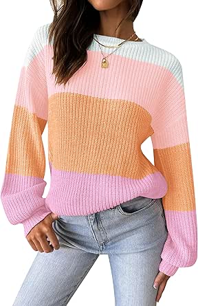 ZESICA Women&#39;s Casual Fall Long Sleeve Crew Neck Striped Color Block Loose Fit Soft Knit Oversized Sweaters Pullover Tops,Pink,Medium