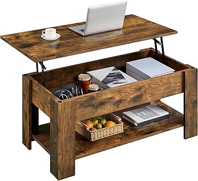 Yaheetech Coffee Table, 47.5in Lift top Coffee Table with Hidden Compartment and Storage Shelf, Lift Tabletop Dining Table for Living Room Reception Room, Rustic Brown