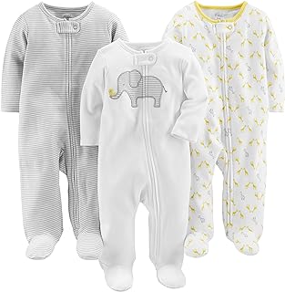 Simple Joys by Carter's - Juego unisex de algodón con pies para dormir y jugar, paquete de 3, elefante/raya/jirafa, 0-3 meses