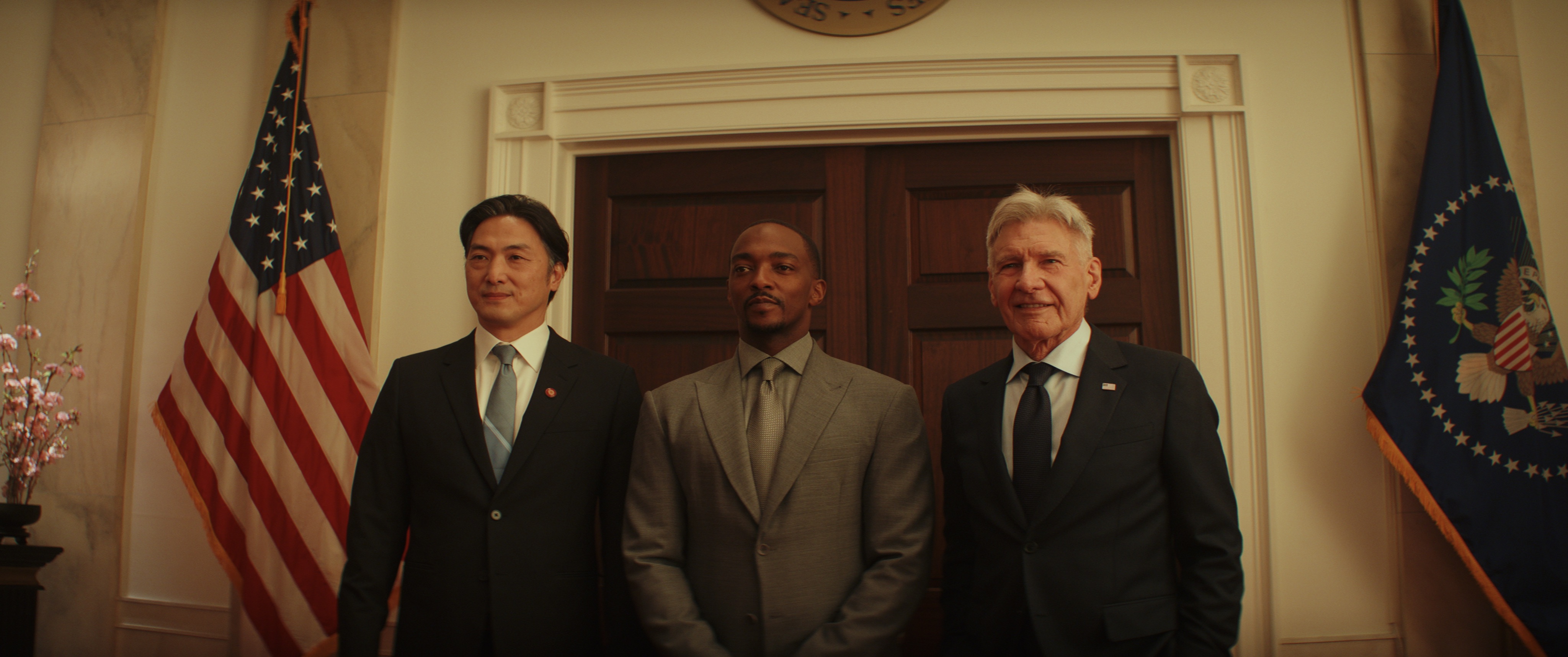 Harrison Ford, Anthony Mackie, and Takehiro Hira in Captain America: Brave New World (2025)