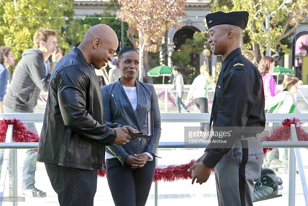 Aunjanue Ellis, LL Cool J and Tye White on the set of NCIS:LA